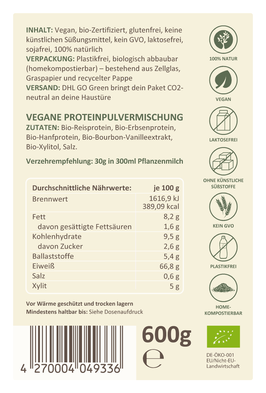 Veganes Bio-Protein - Pure Vanilla – zart, cremig, vanillig – die leichte Power für deinen Tag